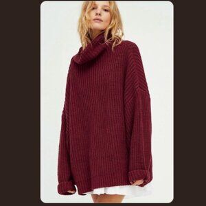 Burgundy Turtleneck free people boho chic oversized cable knit sweater sz L